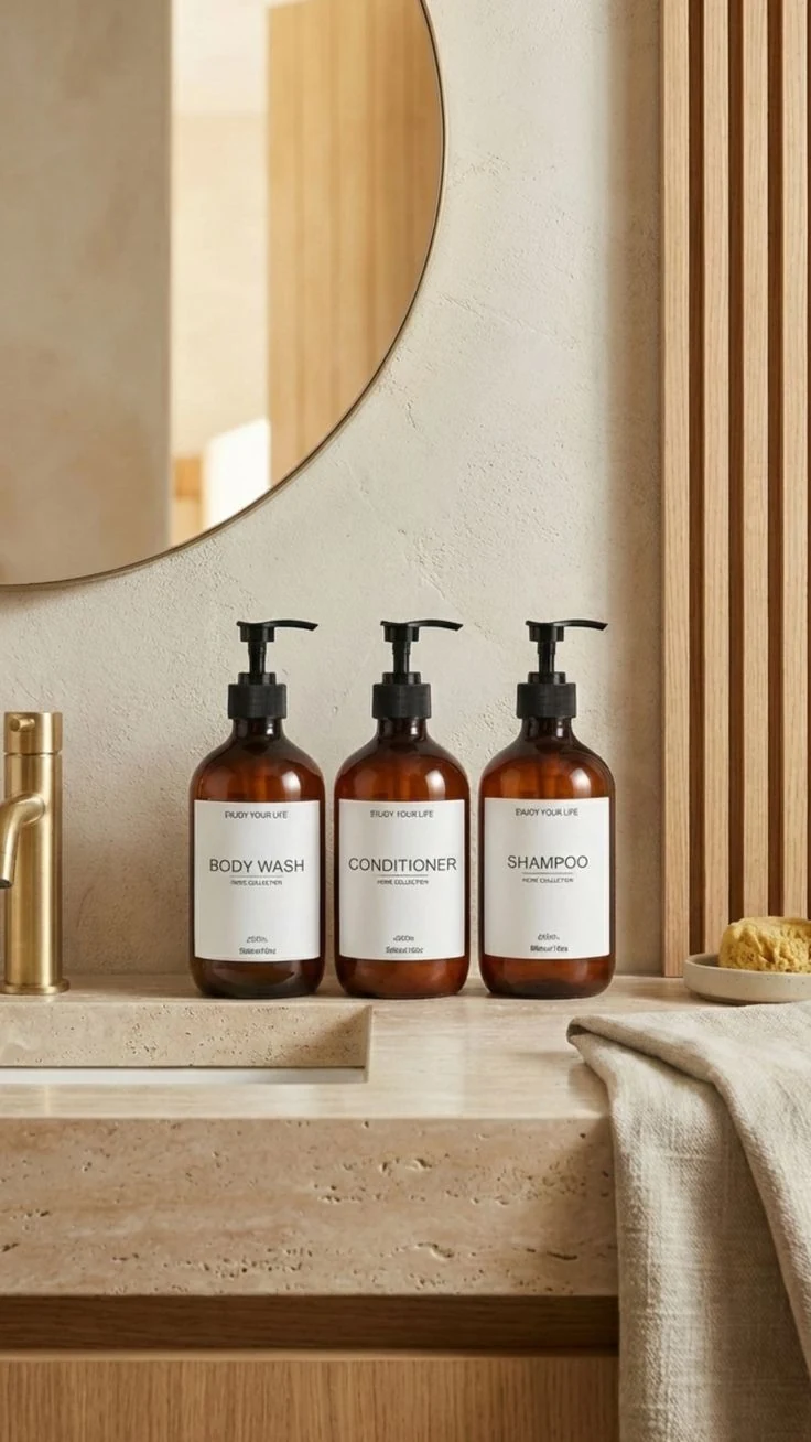 Three amber glass dispenser bottles with black lotion pumps and white labels on a warm stone bathroom counter