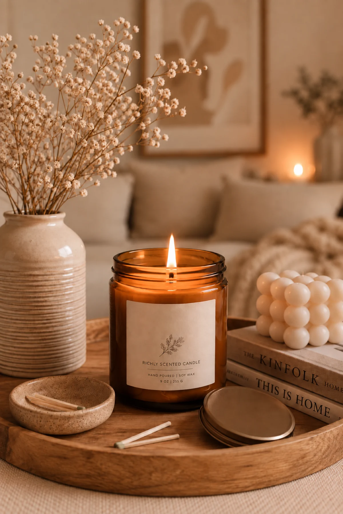 Lit amber glass candle jar with a botanical label, surrounded by dried flowers and warm home accessories