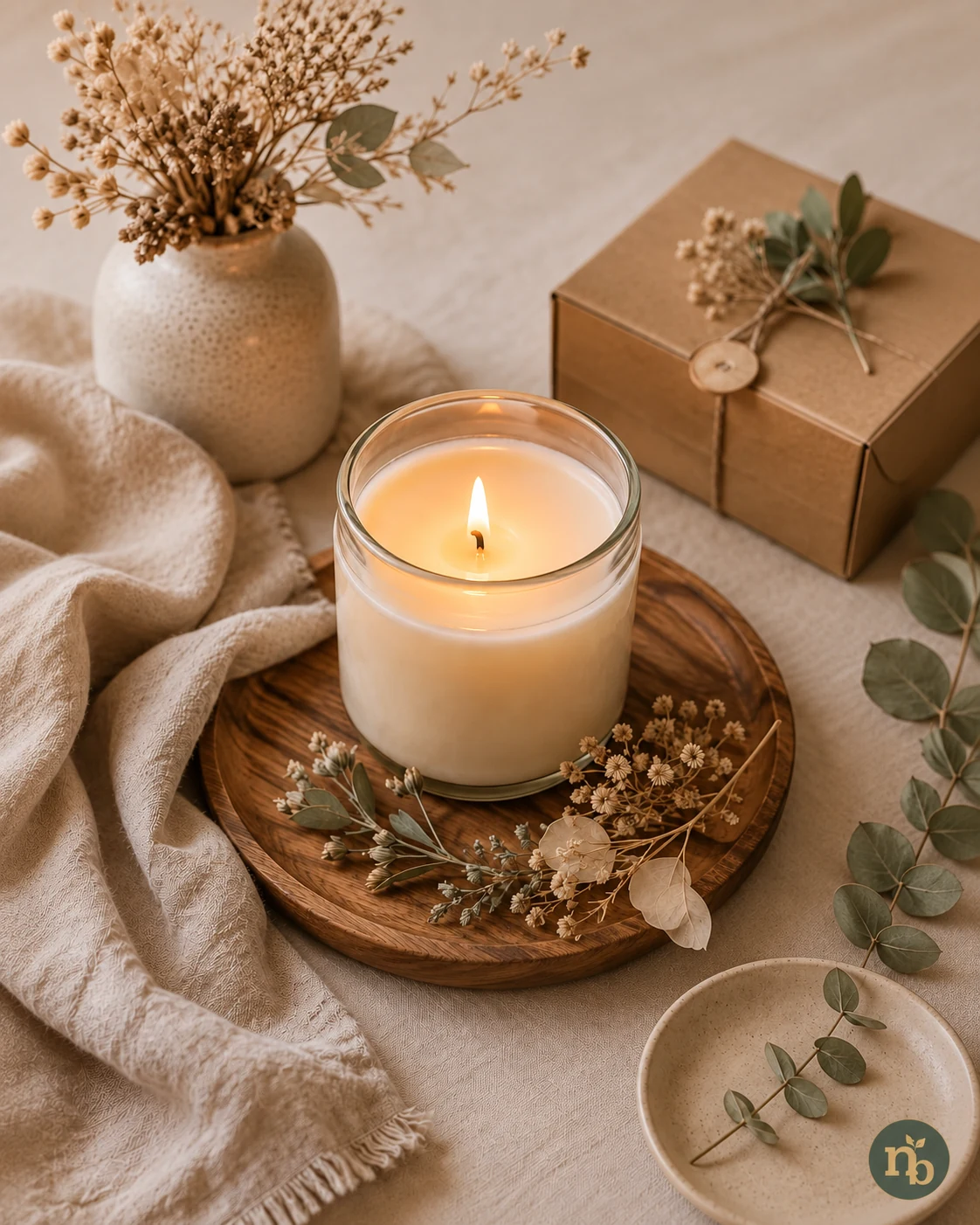 Lit glass candle on a wooden tray with dried flowers and a kraft gift box