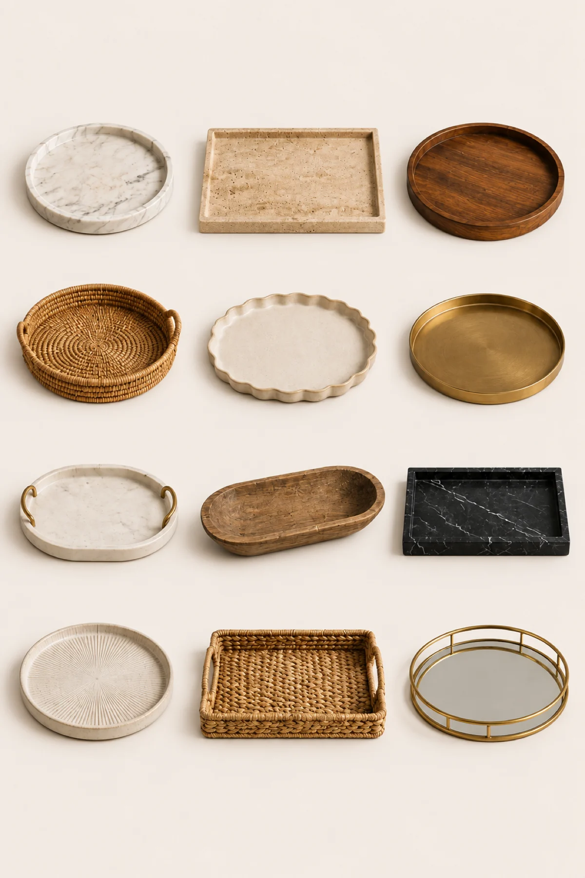 Twelve decorative trays in marble, stone, wood, woven, ceramic and metallic finishes