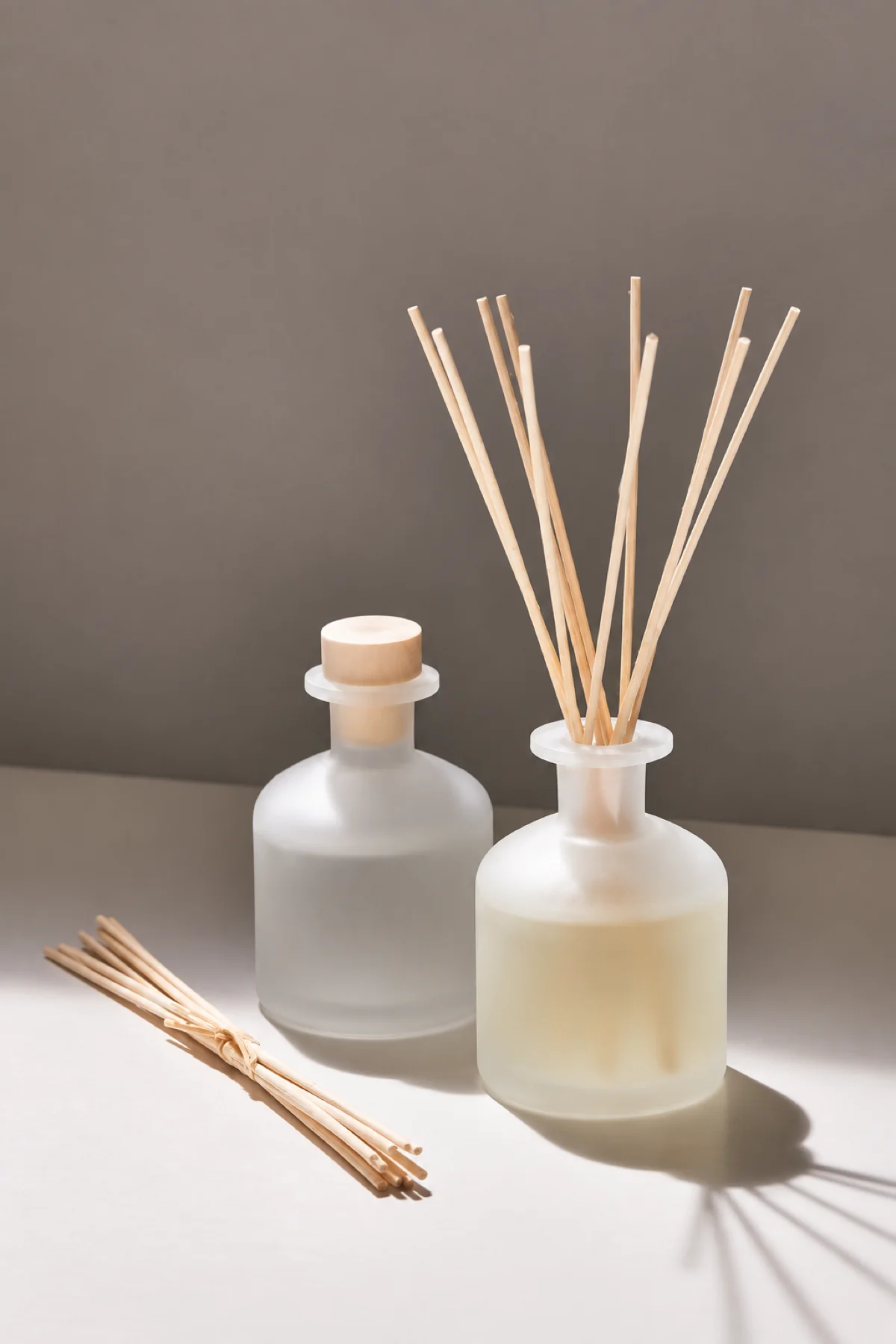 Two frosted glass diffuser bottles with a wooden stopper and natural reeds in warm sunlight