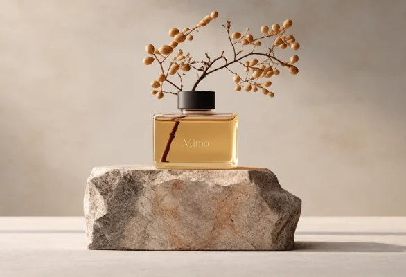 Amber glass diffuser bottle with black cap and botanical reeds