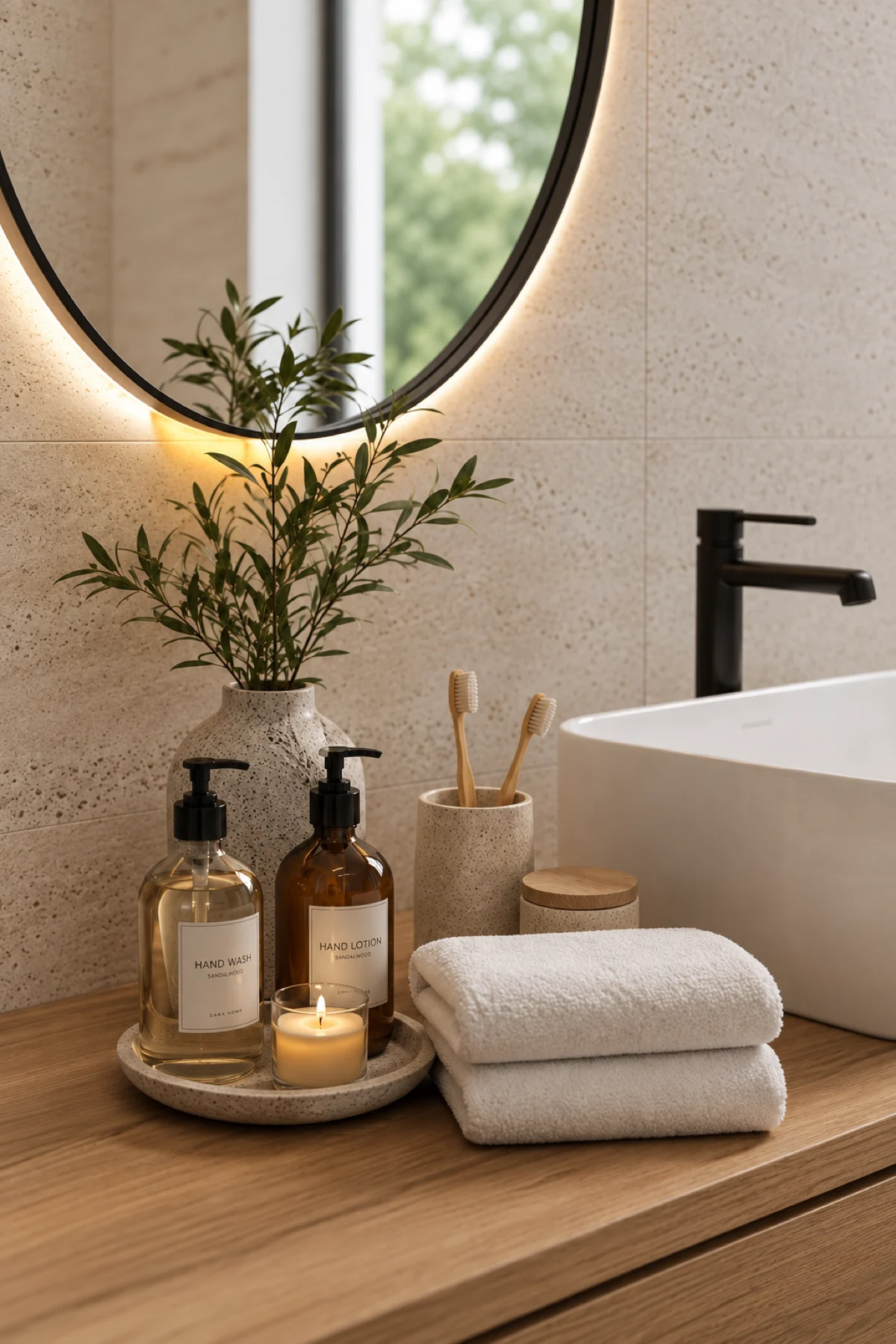 Clear and amber glass pump bottles with a candle on a stone tray beside a bathroom basin